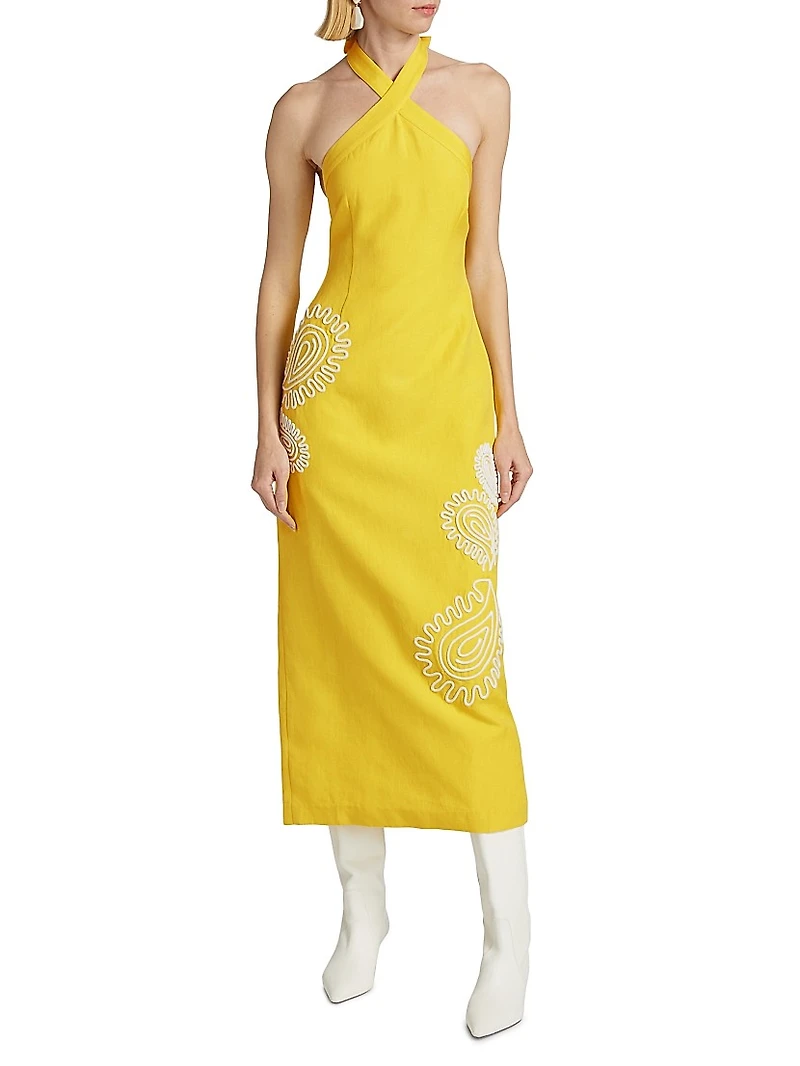 Carly Embroidered Linen-Blend Halterneck Midi-Dress