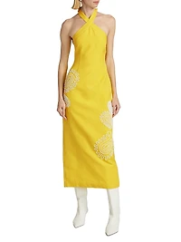 Carly Embroidered Linen-Blend Halterneck Midi-Dress