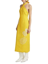 Carly Embroidered Linen-Blend Halterneck Midi-Dress