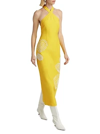 Carly Embroidered Linen-Blend Halterneck Midi-Dress