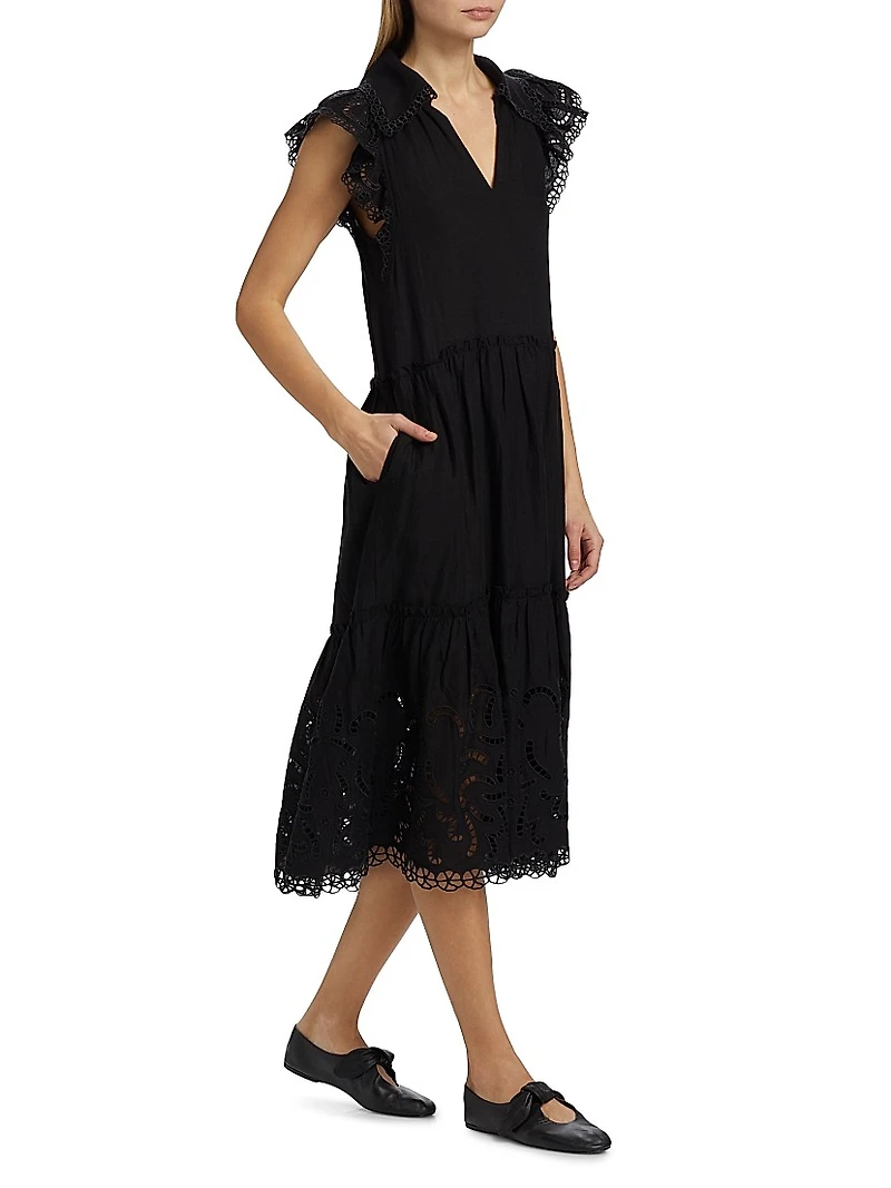 Marja Embroidered Flutter-Sleeve Dress