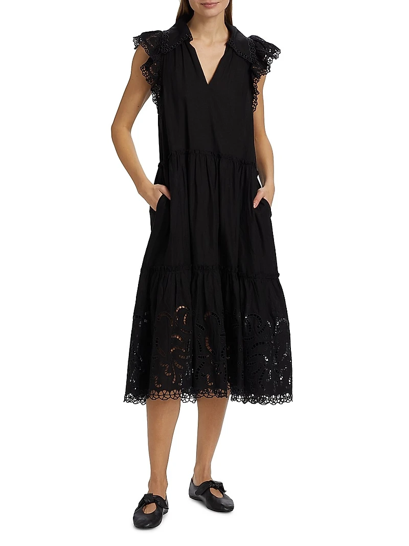 Marja Embroidered Flutter-Sleeve Dress