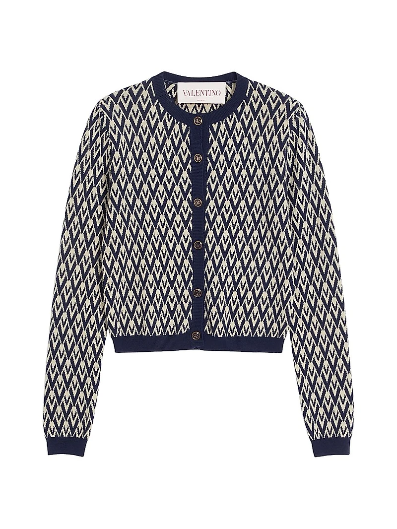 Wool Cardigan with Toute La V Jacquard Pattern