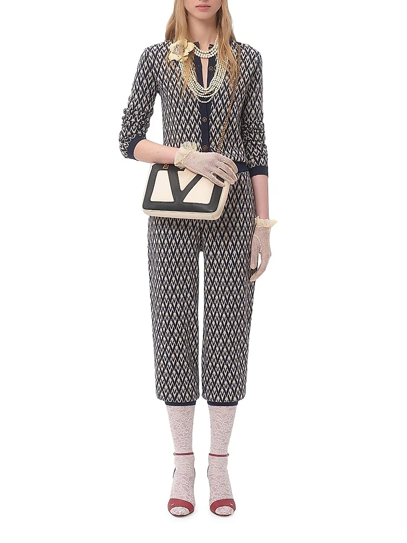 Wool Cardigan with Toute La V Jacquard Pattern