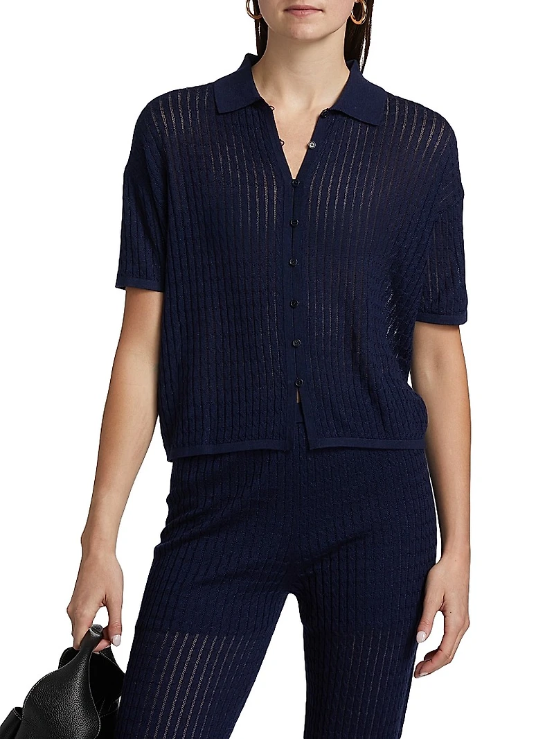 Cable Pointelle Short-Sleeve Button-Up Shirt