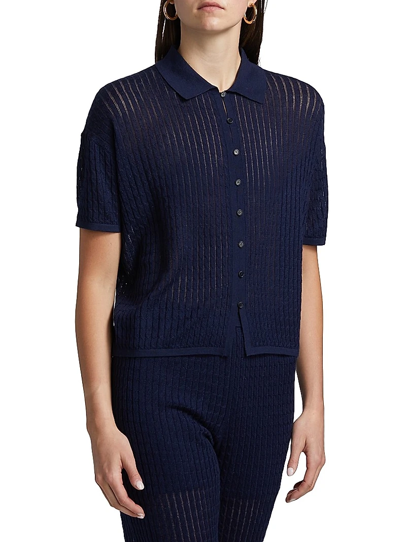 Cable Pointelle Short-Sleeve Button-Up Shirt