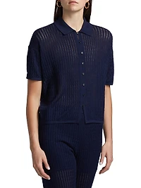 Cable Pointelle Short-Sleeve Button-Up Shirt