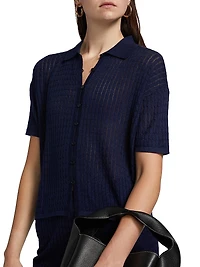 Cable Pointelle Short-Sleeve Button-Up Shirt