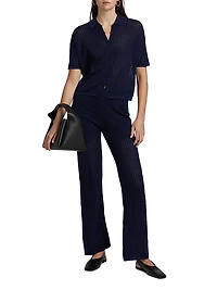 Cable Pointelle Short-Sleeve Button-Up Shirt