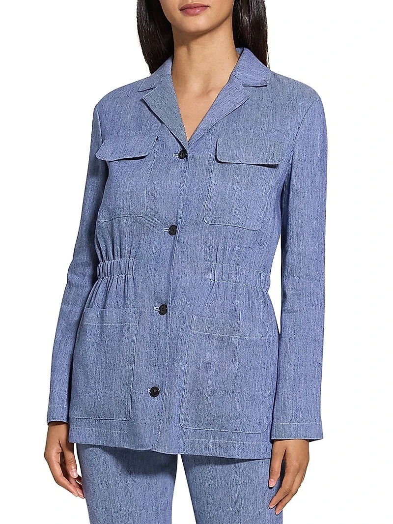 Stretch-Linen Cinch-Waist Denim Jacket