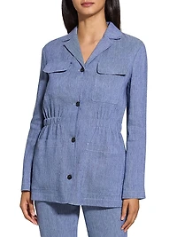 Stretch-Linen Cinch-Waist Denim Jacket