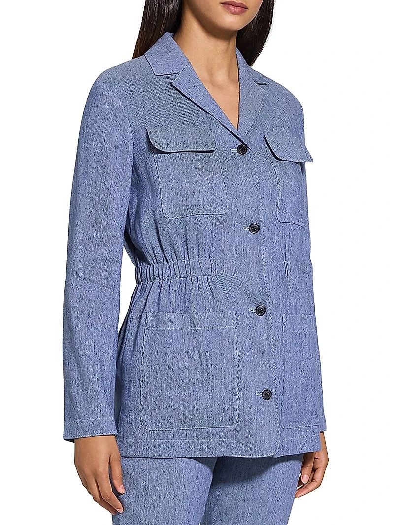 Stretch-Linen Cinch-Waist Denim Jacket