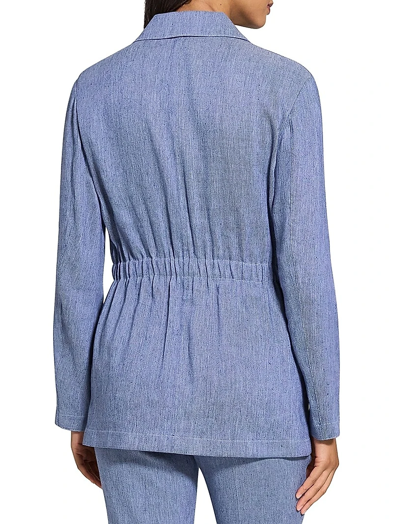 Stretch-Linen Cinch-Waist Denim Jacket