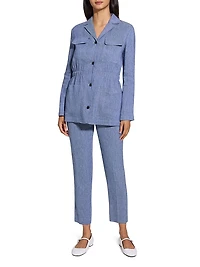 Stretch-Linen Cinch-Waist Denim Jacket