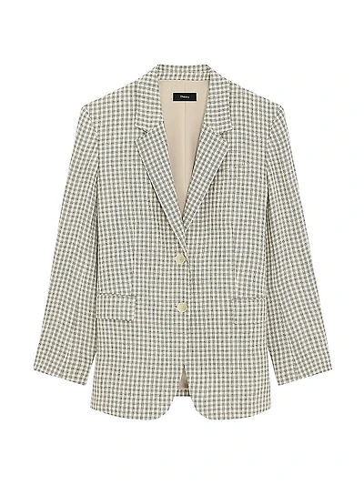 Plaid Linen-Blend Oversized Blazer
