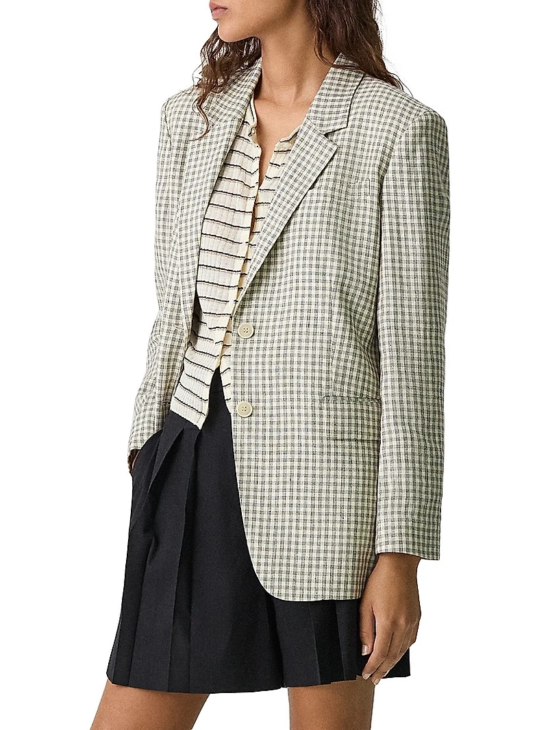 Plaid Linen-Blend Oversized Blazer