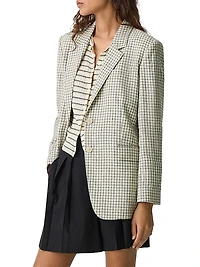 Plaid Linen-Blend Oversized Blazer
