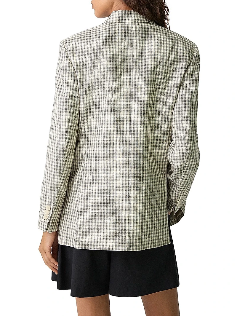 Plaid Linen-Blend Oversized Blazer