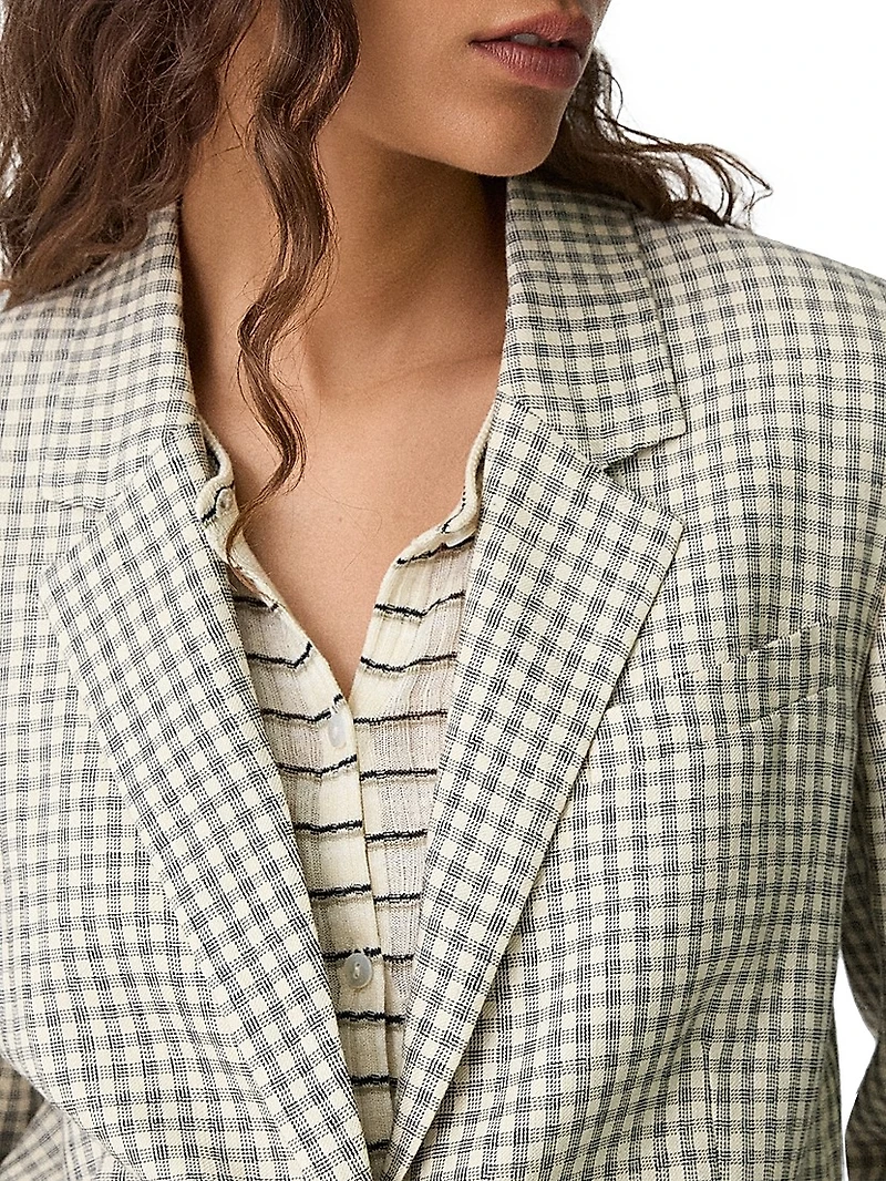 Plaid Linen-Blend Oversized Blazer