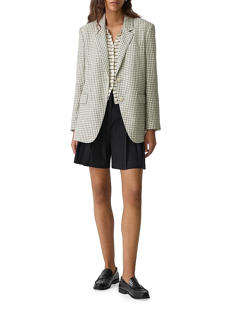 Plaid Linen-Blend Oversized Blazer