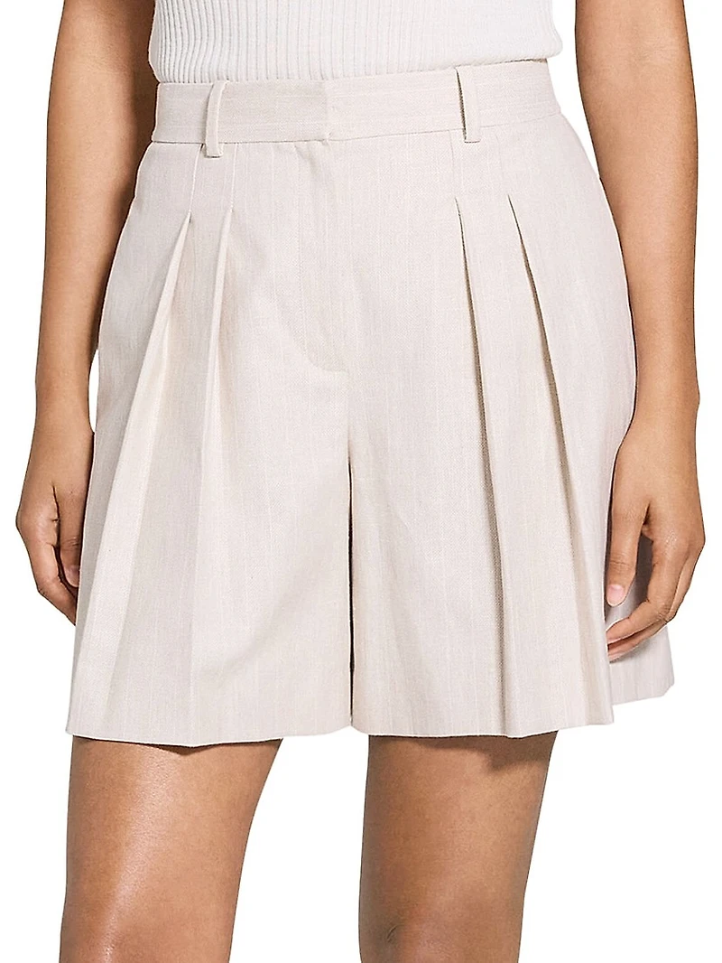 Pleated Stretch Cotton & Linen-Blend Shorts