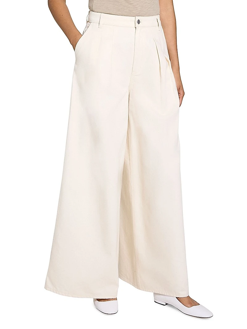 Double Pleated Denim Wide-Leg Pants