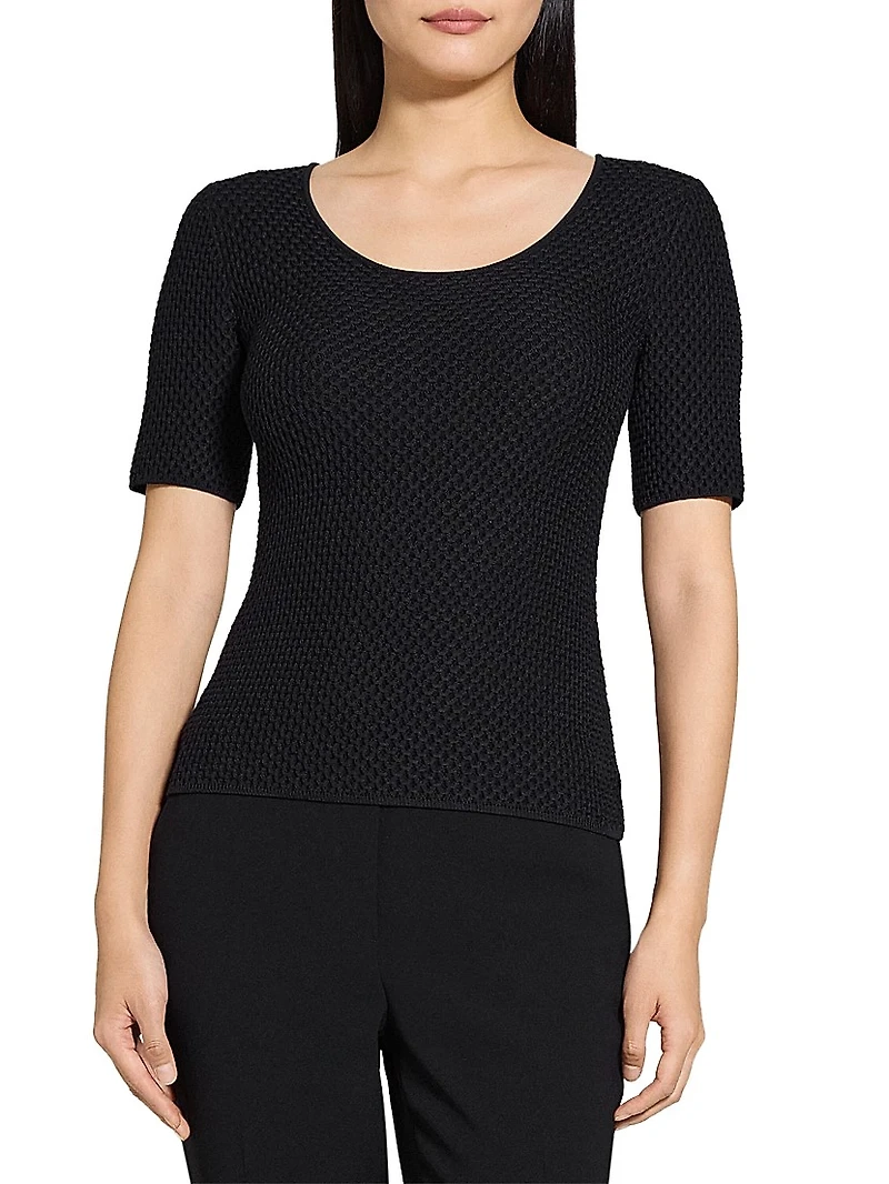 Waffle-Knit Stretch-Cotton Scoopneck Top