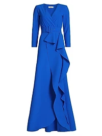 Afix V-Neck Belted Ruffle Gown