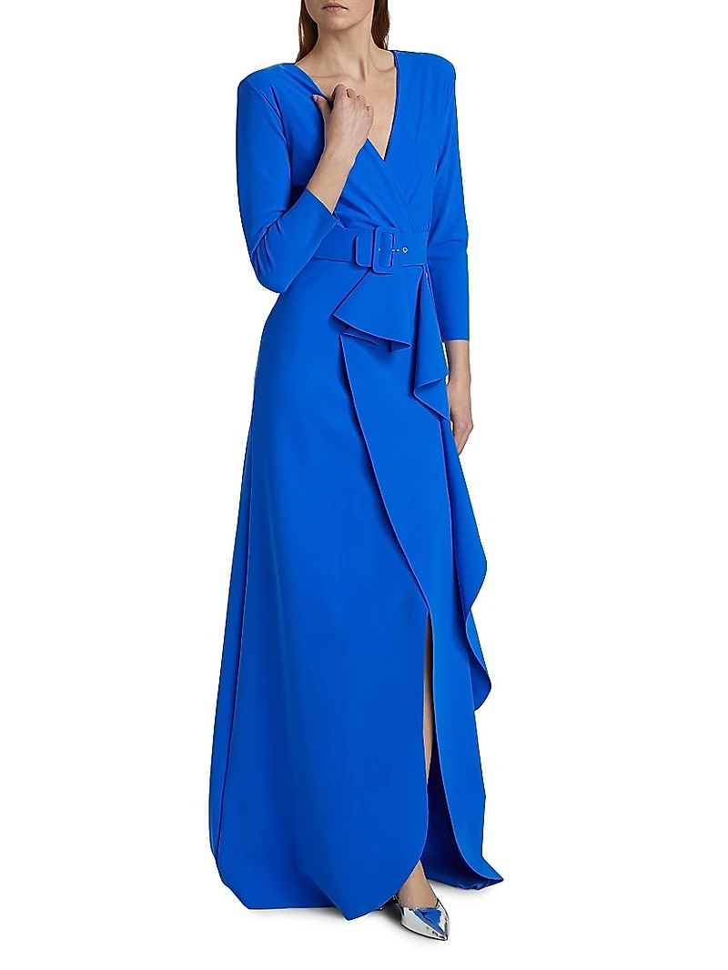 Afix V-Neck Belted Ruffle Gown