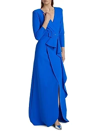 Afix V-Neck Belted Ruffle Gown