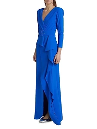 Afix V-Neck Belted Ruffle Gown