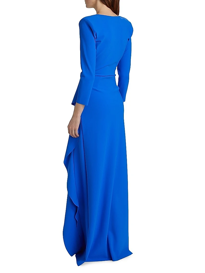 Afix V-Neck Belted Ruffle Gown