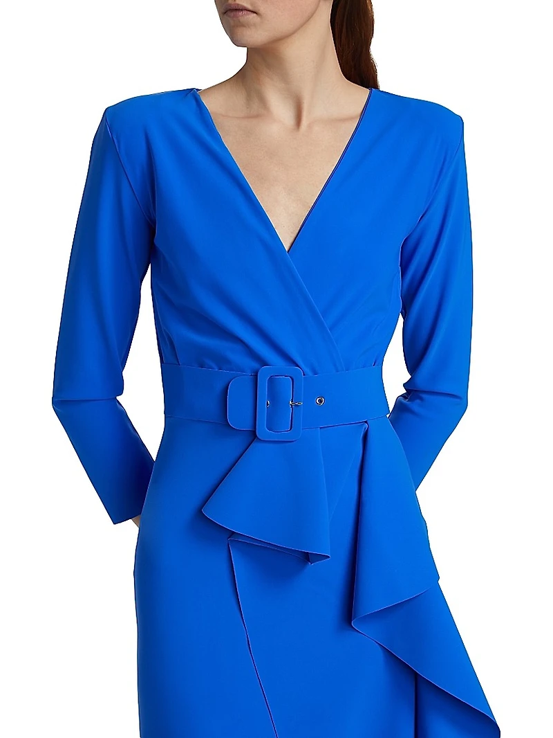 Afix V-Neck Belted Ruffle Gown