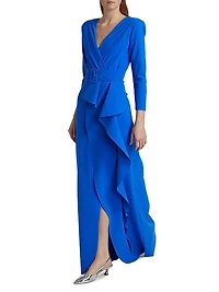 Afix V-Neck Belted Ruffle Gown