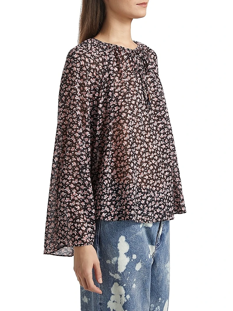 Floral Chiffon Tie-Front V-Neck Blouse