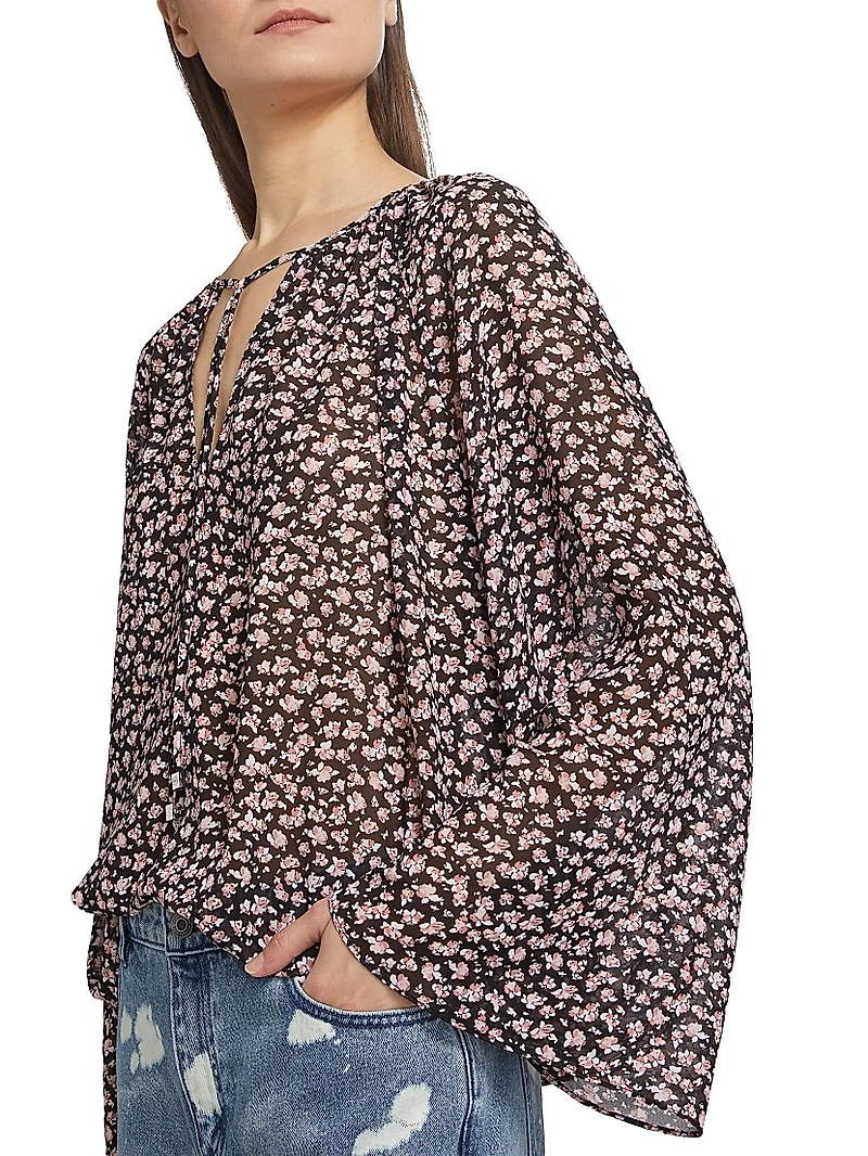 Floral Chiffon Tie-Front V-Neck Blouse