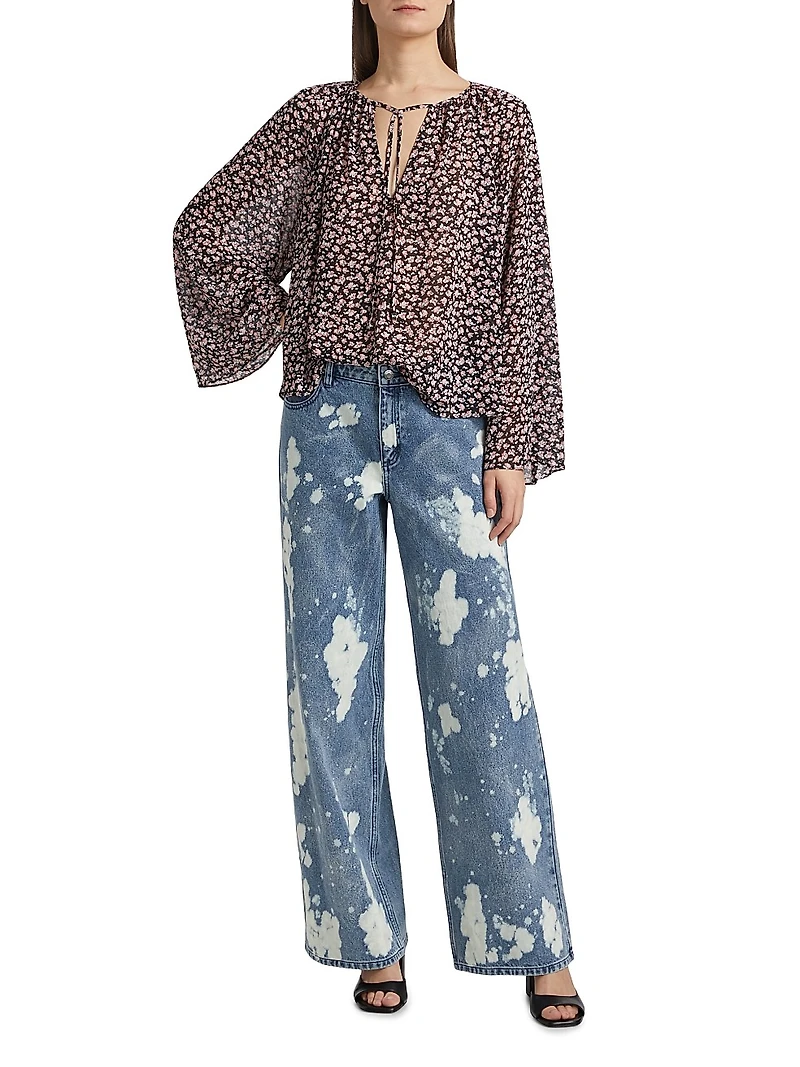 Floral Chiffon Tie-Front V-Neck Blouse