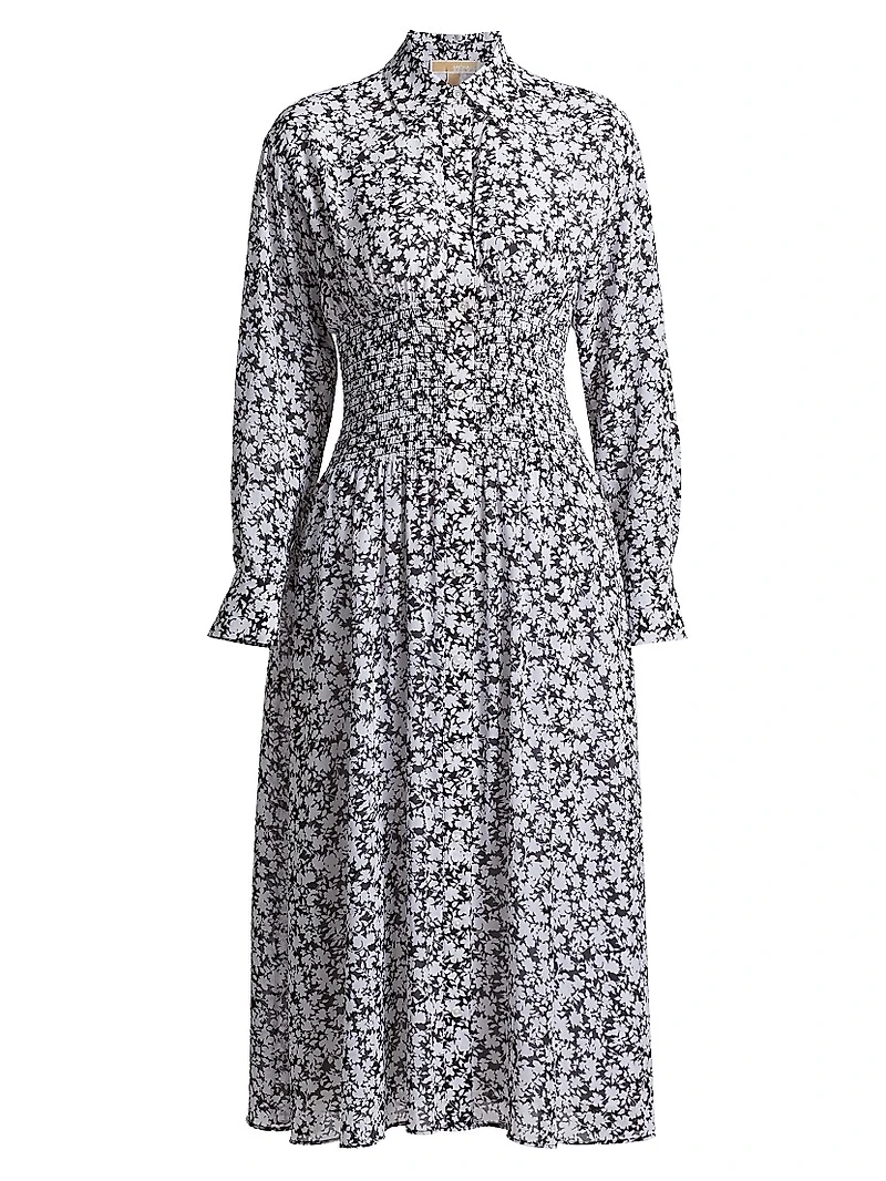Floral Smocked Button-Front Midi Shirtdress