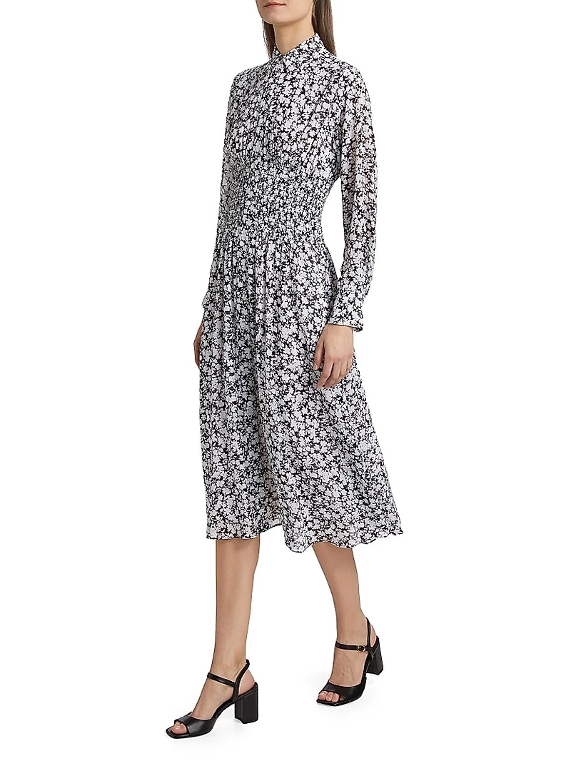 Floral Smocked Button-Front Midi Shirtdress