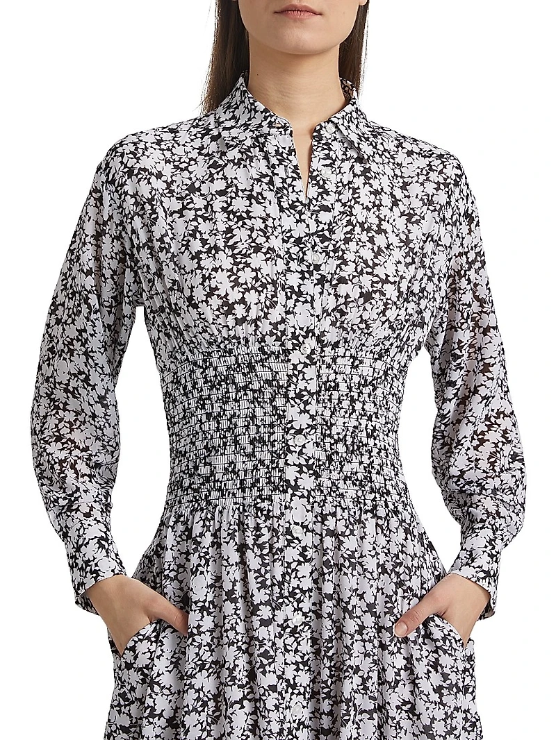 Floral Smocked Button-Front Midi Shirtdress
