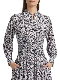 Floral Smocked Button-Front Midi Shirtdress