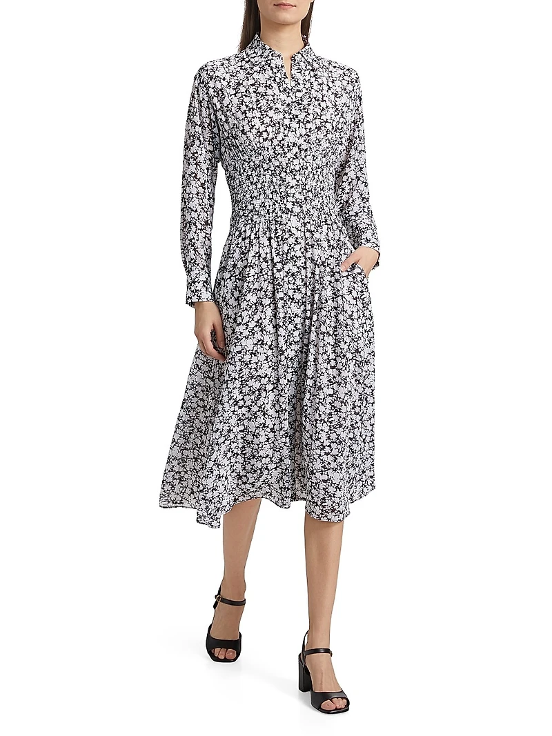 Floral Smocked Button-Front Midi Shirtdress