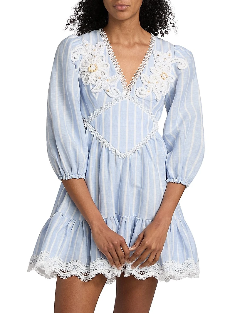 Marine Striped Lace-Trimmed Minidress