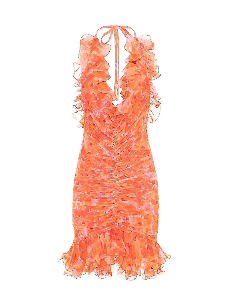 Myosotis Floral Ruched Plunging V-Halterneck Minidress