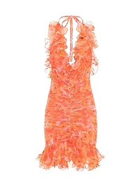 Myosotis Floral Ruched Plunging V-Halterneck Minidress