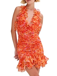 Myosotis Floral Ruched Plunging V-Halterneck Minidress