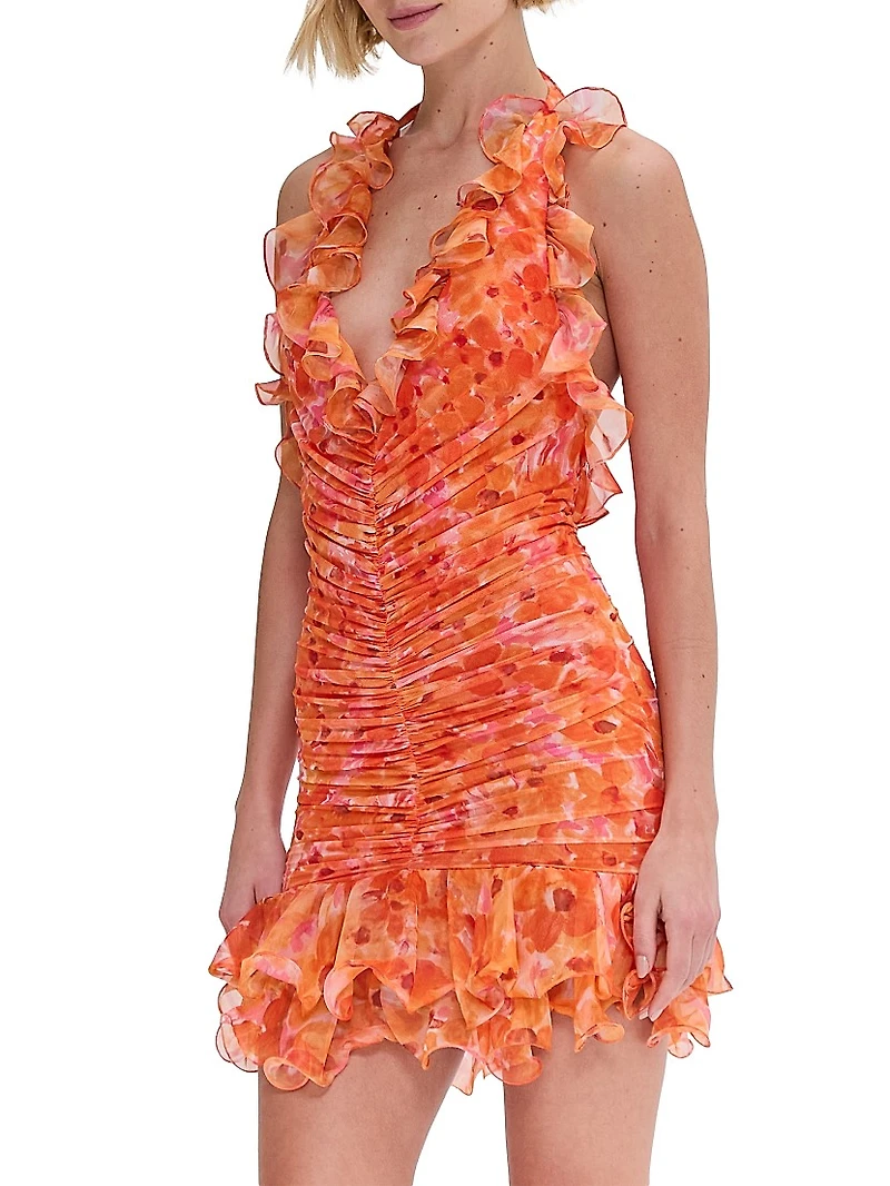 Myosotis Floral Ruched Plunging V-Halterneck Minidress
