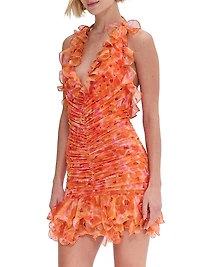 Myosotis Floral Ruched Plunging V-Halterneck Minidress