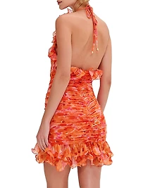 Myosotis Floral Ruched Plunging V-Halterneck Minidress