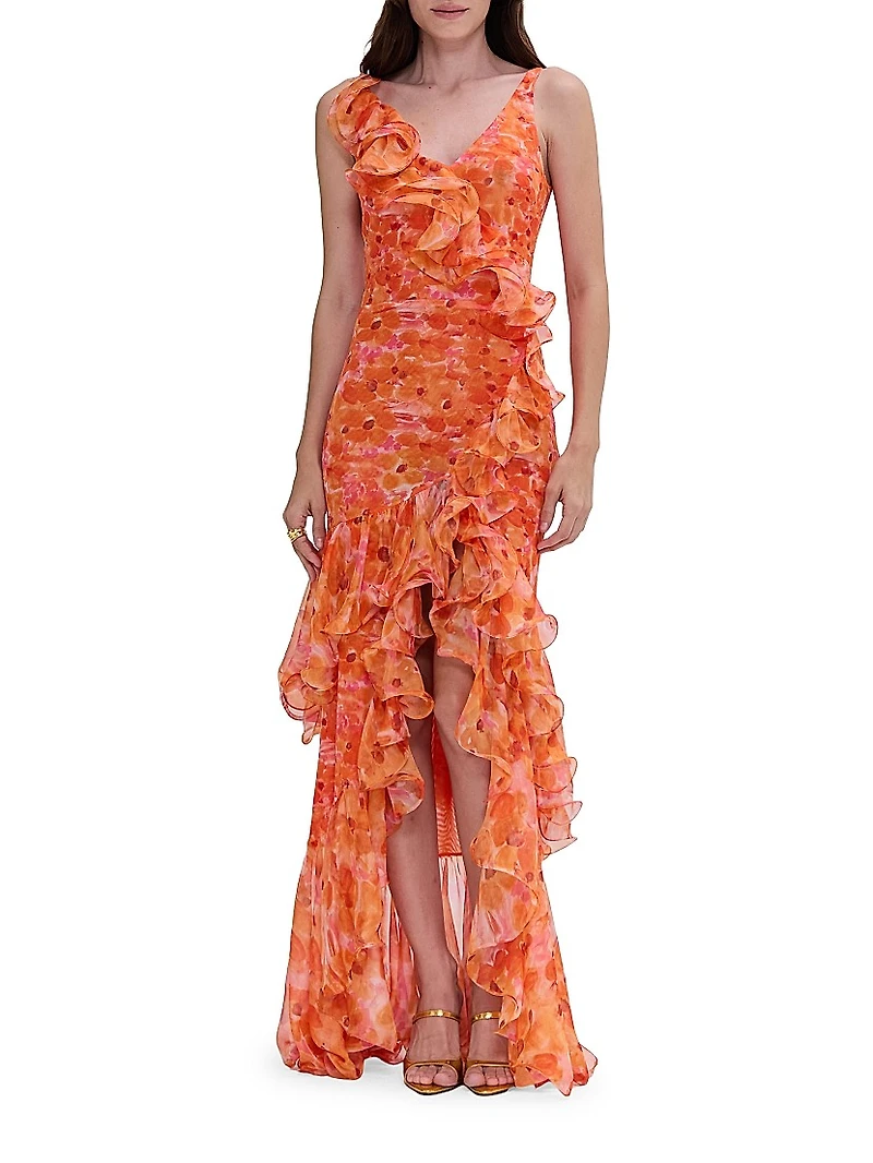 Myosotis Floral Chiffon & Tulle Ruffle Gown
